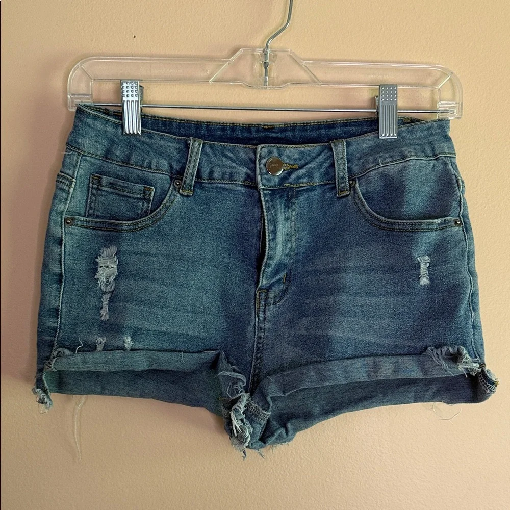 Guess Blue Distressed Rolled-Hem Denim Shorts